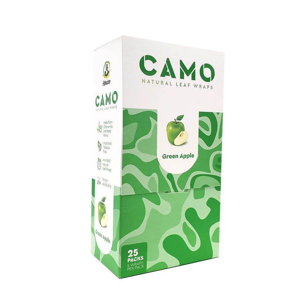 Camo Natural Leaf Wraps Green Apple packaging, featuring 25 packs for a smooth herbal experience.