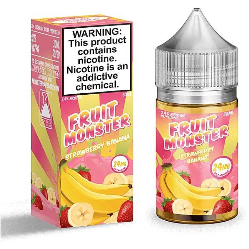 Fruit Monster Salt Nic 30ml E-Liquid with Strawberry and Banana flavor in a vibrant package, nicotine warning included.