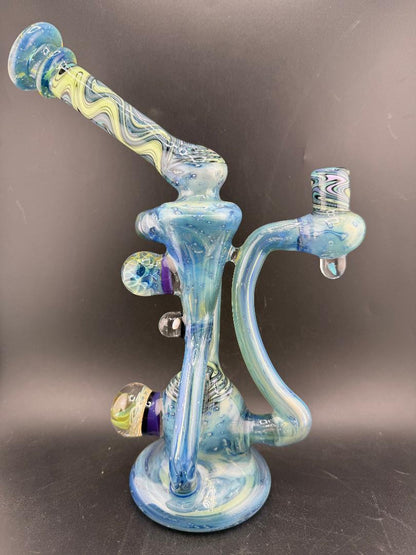 Highgrade Glass  Recycler - Green / Teal Fully Worked with Line Worked Wig Wag Sections & Marble Attachments 10mm 90°
