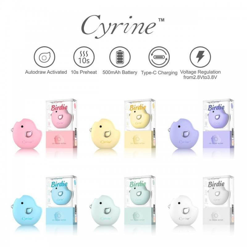 Cyrine Birdie 510 Battery collection in pastel colors with features like autdraw activation and Type-C charging.