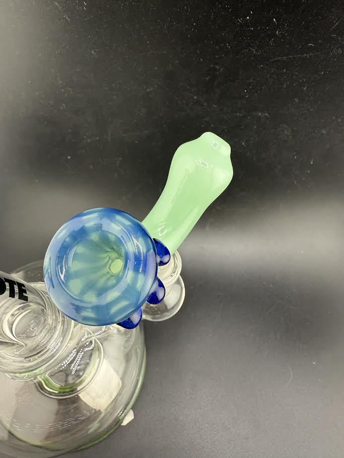 Top view of a colorful Sherlock Hybrid Hand Pipe Bowl 14mm with blue and green accents, designed for smooth airflow.