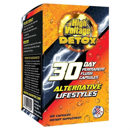 High Voltage Detox 30-Day Permanent Flush Capsules box, 120 count dietary supplement for full-body detox and reset.