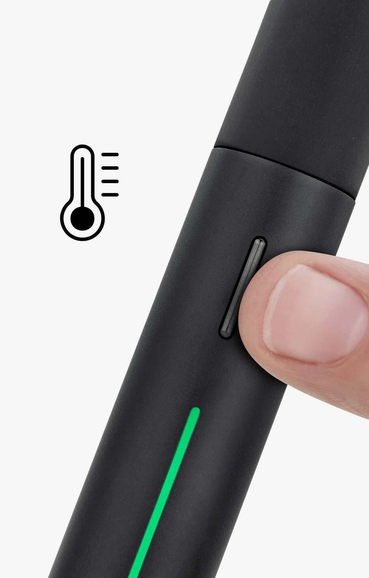 Close-up of Puffco Pivot Mobile Vaporizer button with temperature indicator and finger pressing it.