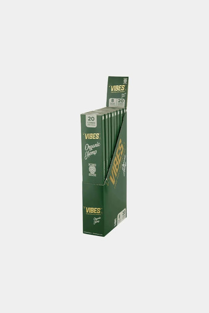 Vibes King Size Organic Hemp Cones box with 20 pre-rolled cones for a premium smoking experience.