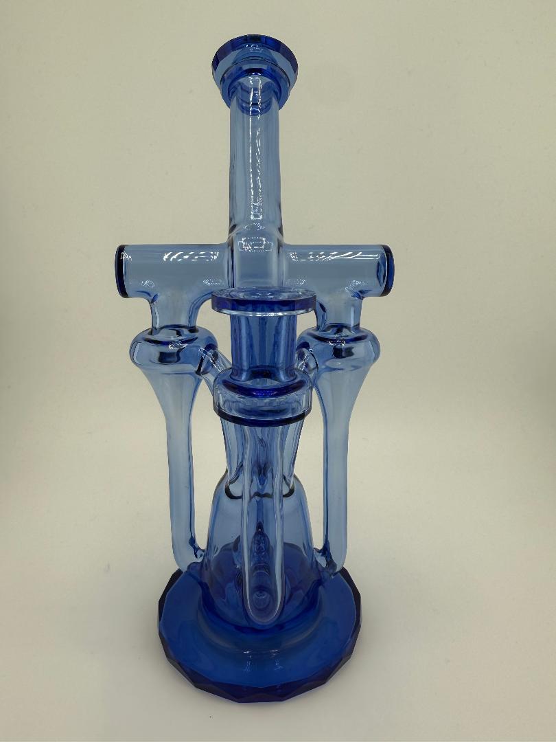 Domer Glass Double Drain Quad Uptake  W/ Bubble Dumper Blue Faceted 10mm Recycler