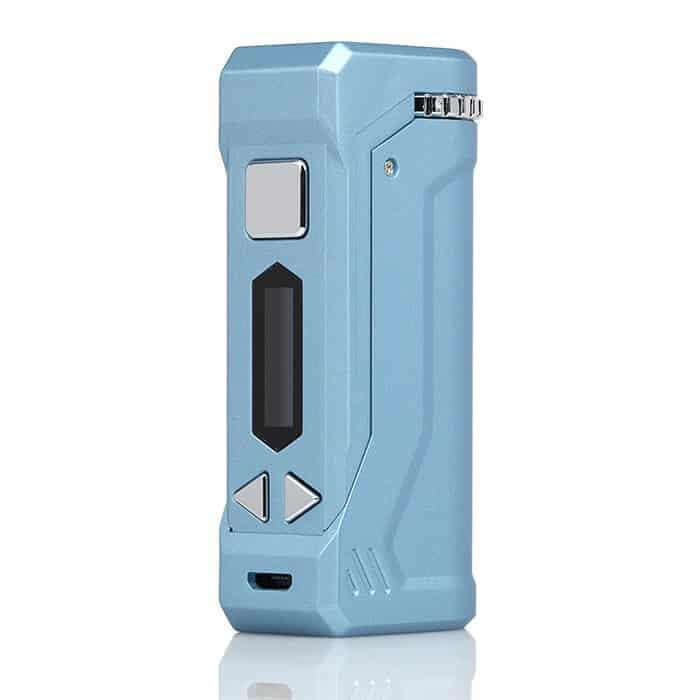 Yocan Uni Pro portable vaporizer mod in blue, featuring adjustable diameter and variable voltage control.