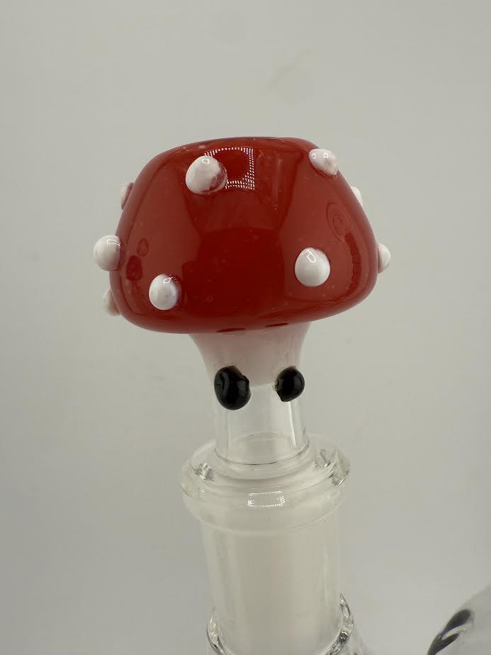 14mm Mushroom Bowl for glass piece with vibrant red and white mushroom design, high-quality heat-resistant glass.