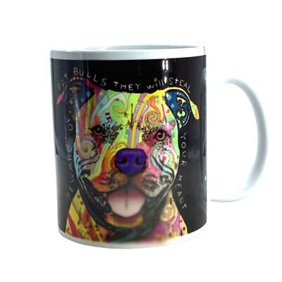 GSN 11oz Mug - Beware Of Pitbull featuring vibrant Dean Russo artwork and colorful pit bull design.