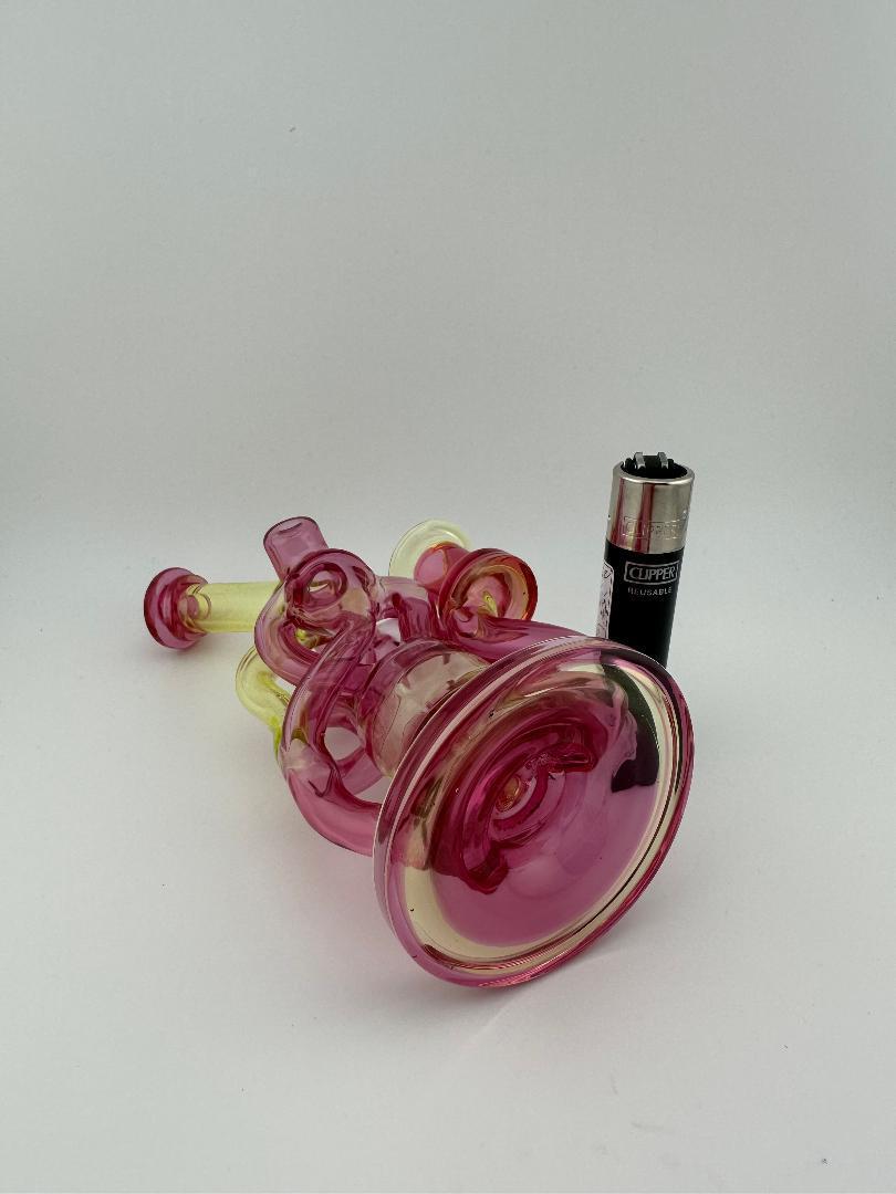 Domer Glass Golden Ruby Illuminati UV 10mm Recycler That Looks Expensive Spokane Washington Domer double Facing Bottom Laying Down