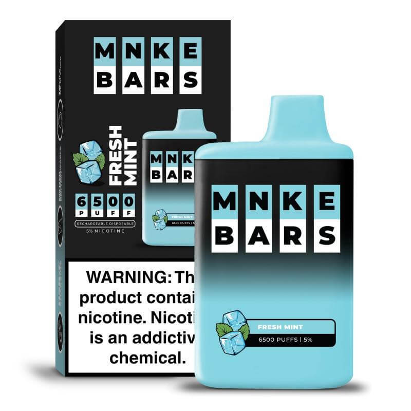 MNKE Bars 6500 Disposable Vape in Fresh Mint flavor with warning label and packaging.