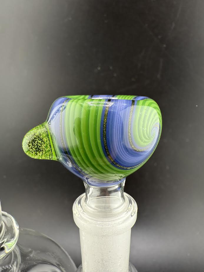 Filla John Glass Basic Wig Wag 14mm bowl piece featuring vibrant green and blue swirls, showcasing functional glass artistry.