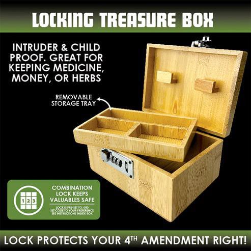 SmokeZilla Locking Treasure Box features a combination lock and removable tray for secure storage of valuables.