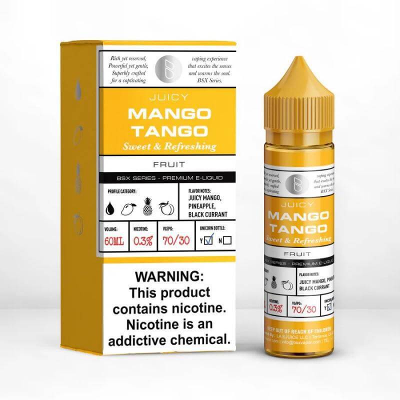 BSX Series 60ml Mango Tango e-liquid, featuring juicy mango, pineapple, and blackcurrant flavor profiles.