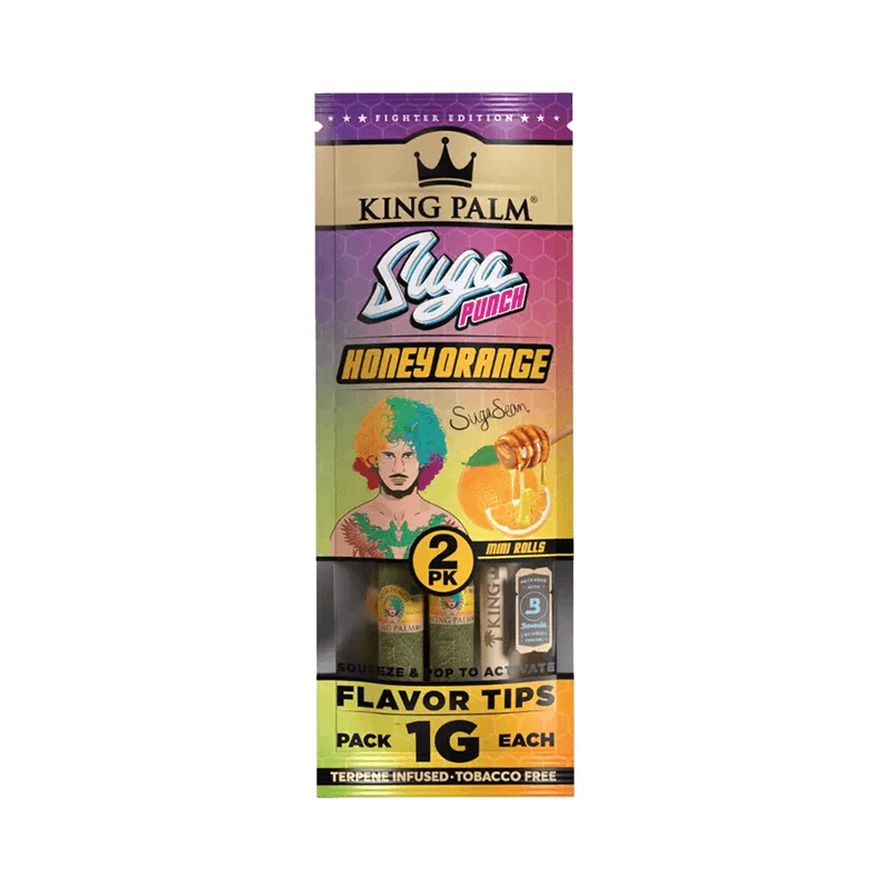 King Palm Suga Punch Honey Orange flavor tips 2pc mini rolls, 1 gram each, vibrant packaging, terpene-infused, tobacco-free.