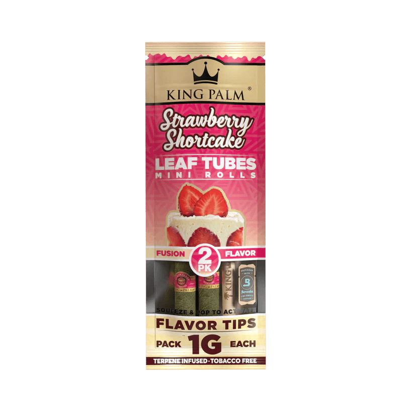 King Palm Strawberry Shortcake 2pc mini rolls pack with flavor tips, infused and tobacco-free hemp wraps for enhanced smoking.