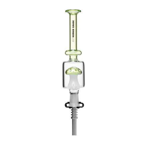 Human Grade Shroom Nectar Collector in green color, 9.5" borosilicate glass with mushroom-shaped shower perc for filtration.