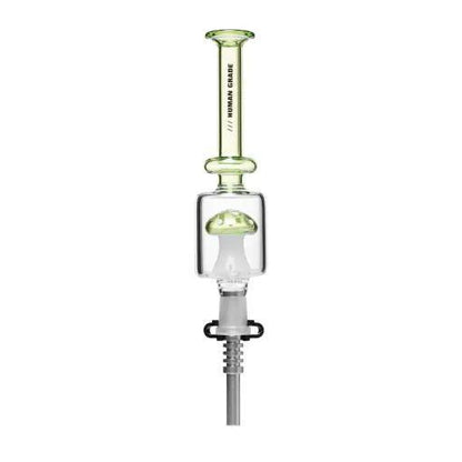 Human Grade Shroom Nectar Collector in green color, 9.5" borosilicate glass with mushroom-shaped shower perc for filtration.