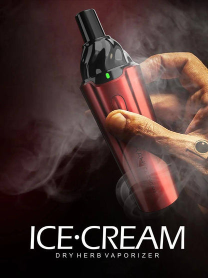 LOOKAH Ice Cream dry herb vaporizer in a user's hand, showcasing steam for discreet vaping.