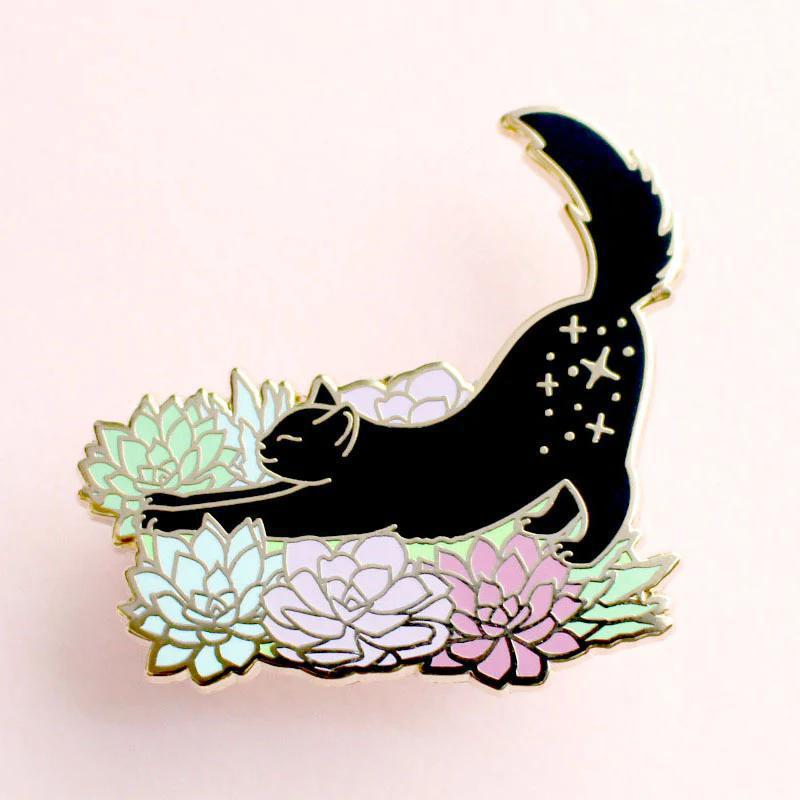 Glitter Punk Cat in Succulents Enamel Pin