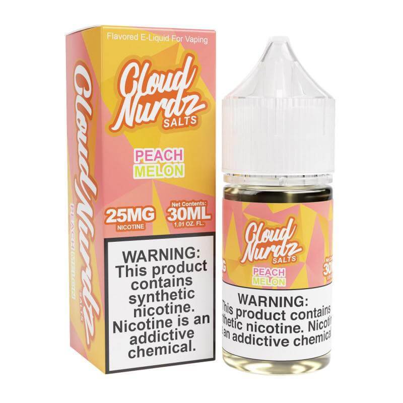 Cloud NURDZ Peach Melon 30ml nicotine salts e-liquid in a bottle with warning labels for vaping.