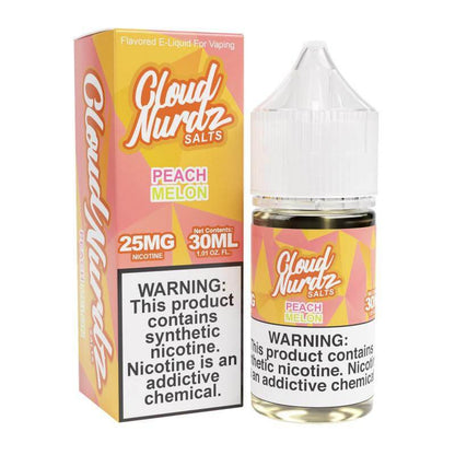 Cloud NURDZ Peach Melon 30ml nicotine salts e-liquid in a bottle with warning labels for vaping.