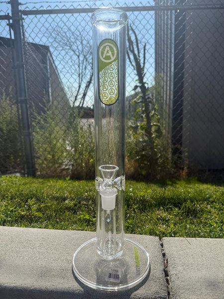 Antidote Glass 16" Fixed Inline Clear 14mm 90° Tubing with minimalist design and fixed inline perc.