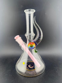 Brando Glass Mini Beaker - Line Worked Horn & Rainbow Hemp Leaf Millie w/ Pink Downstem 10mm 45°