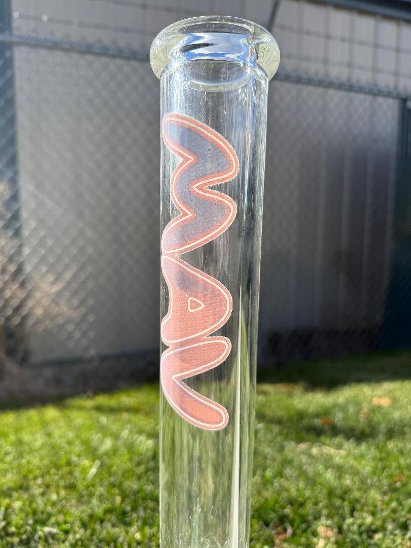 MAV Glass 18" Straight Tube Ash Catcher Combo 14mm 45° showcasing clear borosilicate glass design and logo detail