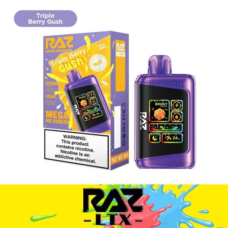 Raz Gush Edition Triple Berry disposable vape with stylish design and HD screen, featuring 25K puffs and nicotine warning.