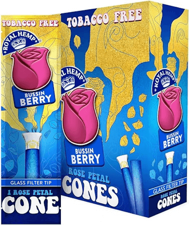 Blunts N Roses Bussin Berry Rose Petal Cones packaging with glass filter tip and vibrant design.