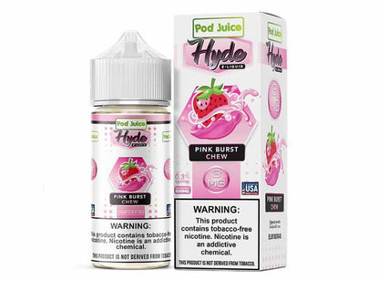 Pod Juice Hyde Pink Burst Chew 100ml e-liquid bottle and packaging with warning labels