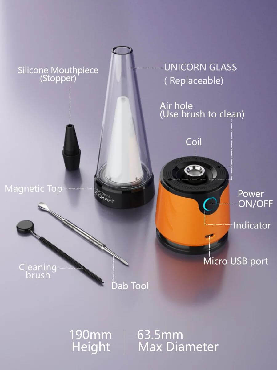 LOOKAH Unicorn 2.0 Portable E-Rig components with silicone mouthpiece, magnetic top, and dab tool on a clean surface.