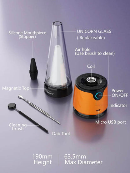 LOOKAH Unicorn 2.0 Portable E-Rig components with silicone mouthpiece, magnetic top, and dab tool on a clean surface.