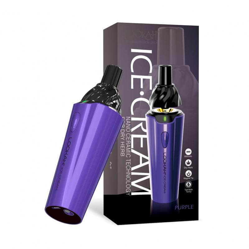 LOOKAH Ice Cream Cone dry herb vaporizer in purple with packaging, ideal for discreet and effective vaping.