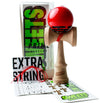Sweets Kendama Radar Sticky Clear with red tama, BOOST ken, and accessories including extra string and stickers.