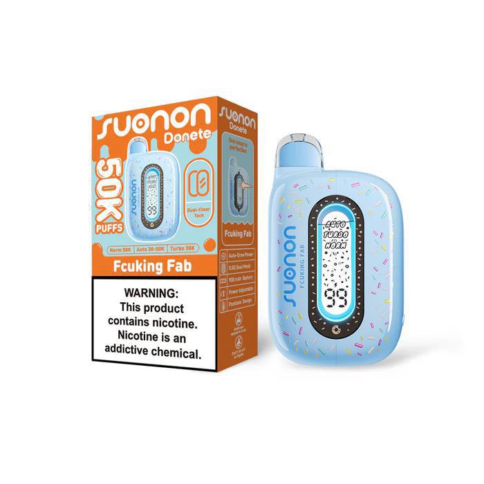 Suonon Donete 50k Disposable Vape with packaging and warning label, featuring a colorful design and digital display.