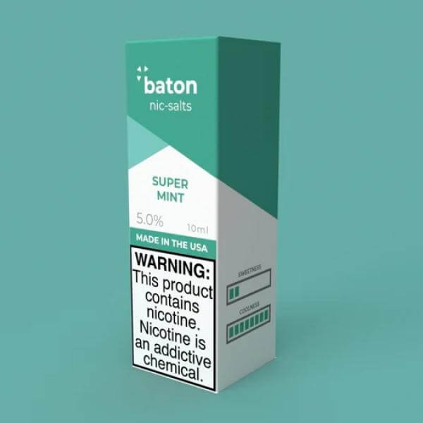 Baton Salts 10ml Super Mint nicotine e-liquid packaging with warning label and 5% nicotine content.