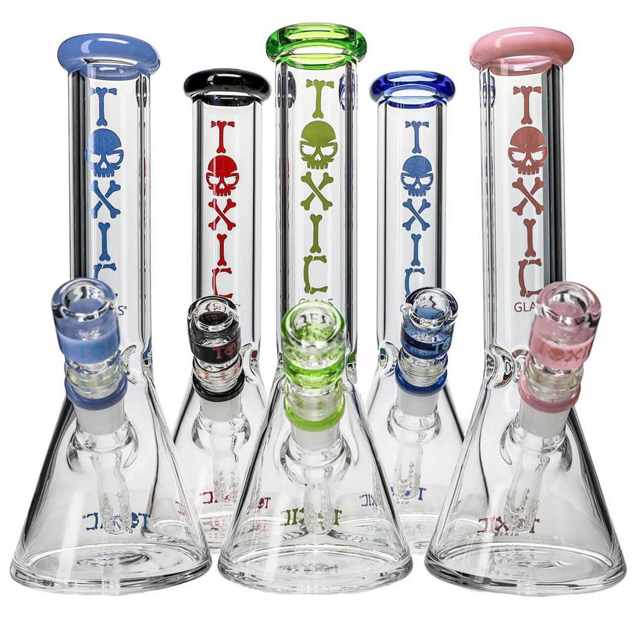 Collection of Toxic Glass Classic Beaker bongs in various colors, showcasing durability and style for optimal smoking experience.