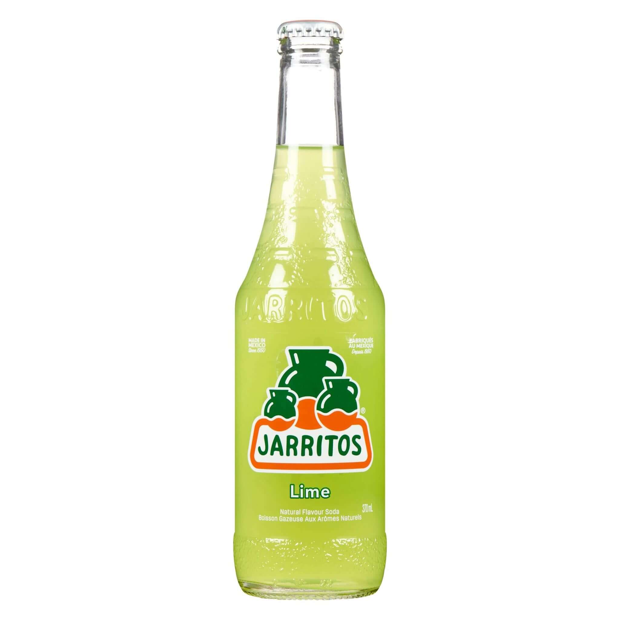 Jarritos Lime Soda 16oz bottle, featuring vibrant green color and natural fruit flavors, a taste of Mexico.