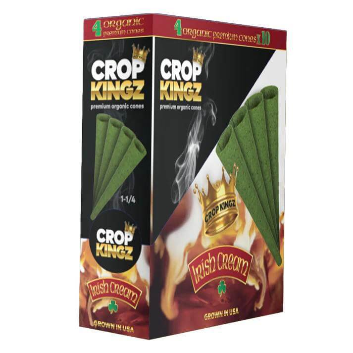 Crop Kingz Organic Hemp Cones 1 1/4 size box featuring Irish Cream flavor, 4 pre-rolled cones for a smooth smoking experience.