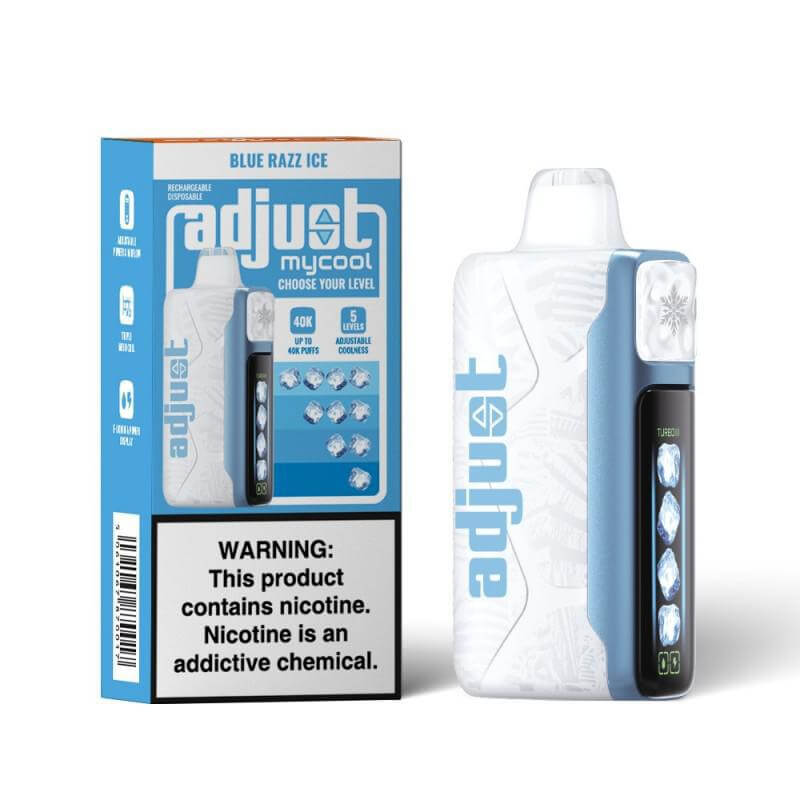 Adjust MyCool Disposable Nicotine Vape in Blue Razz Ice flavor with warning label and customization options.