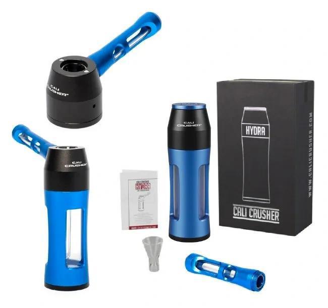 Cali Crusher Hydra Hybrid Glass / Metal Bubbler in blue with box, durable design for smooth hits and portability.