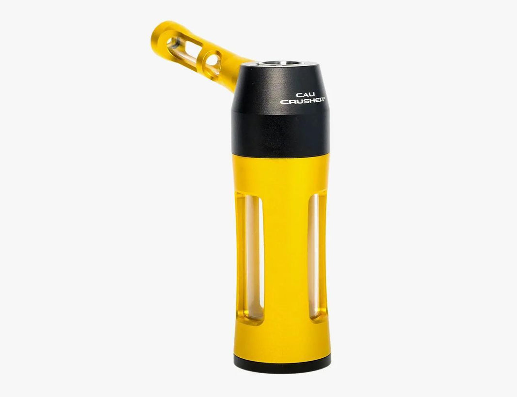 Cali Crusher Hydra Hybrid Glass / Metal Bubbler in yellow, showcasing durable hybrid design and portable style.