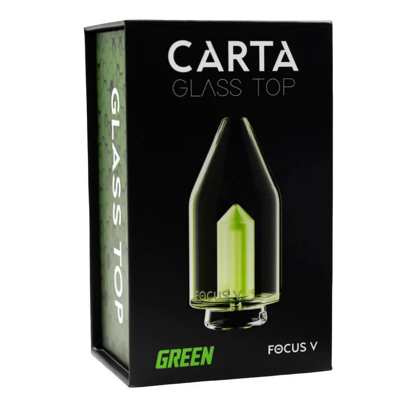 Carta Focus V Glass Top in green packaging showcasing a sleek glass design for enhanced vaping experience.