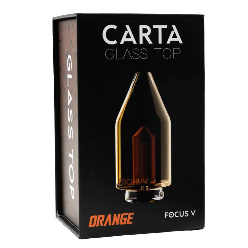 CARTA FOCUS V Glass Top in vibrant orange packaging with a transparent glass top for enhanced vaping experience.