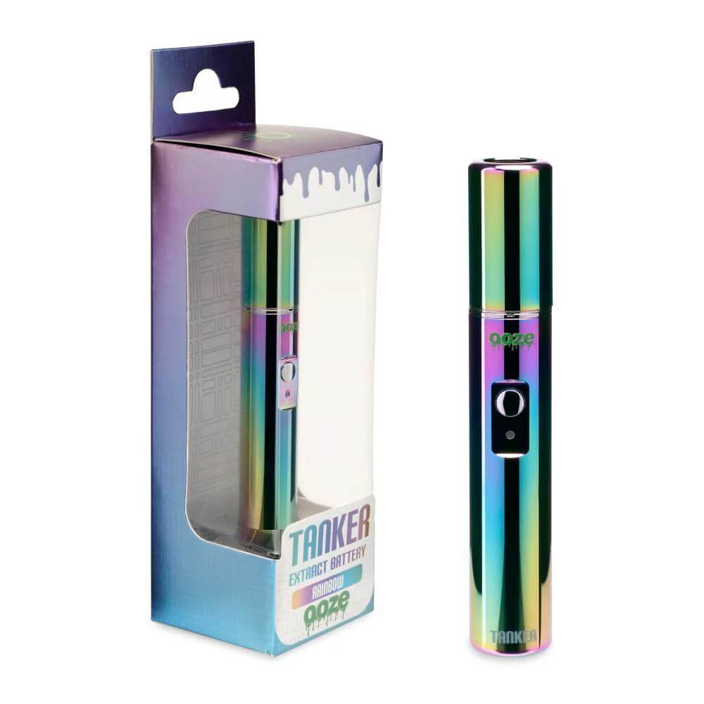 Ooze Tanker Extract 510 Battery in rainbow finish with box, 650 mAh Flex Temp Pen for superior vaping performance.