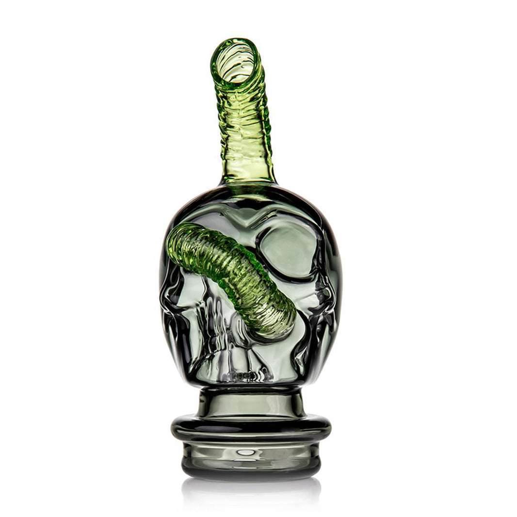 Grim Ripper Puffco Peak Top- Skull & Worm - COMING SOON, detailed green skull and worm design glass accessory.