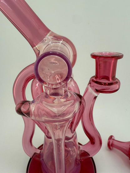 Domer Glass Double Drain Quad Uptake W/ Bubble Dumper Golden Ruby / Telemagenta 10mm Recycler