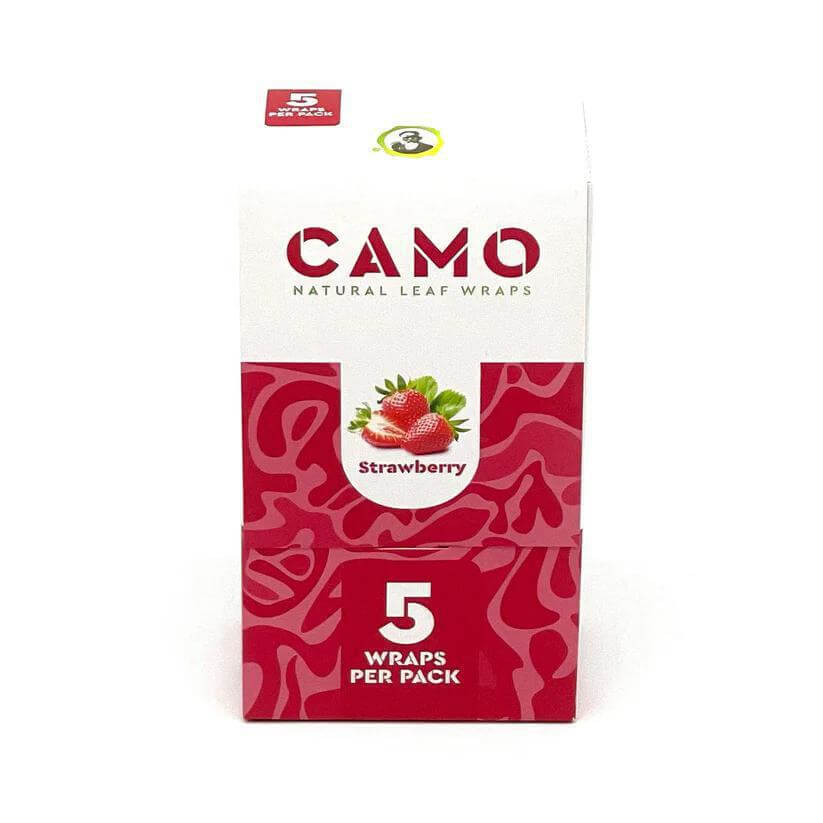 Camo Natural Leaf Wraps Strawberry flavor pack with 5 wraps per pack, featuring vibrant packaging design.