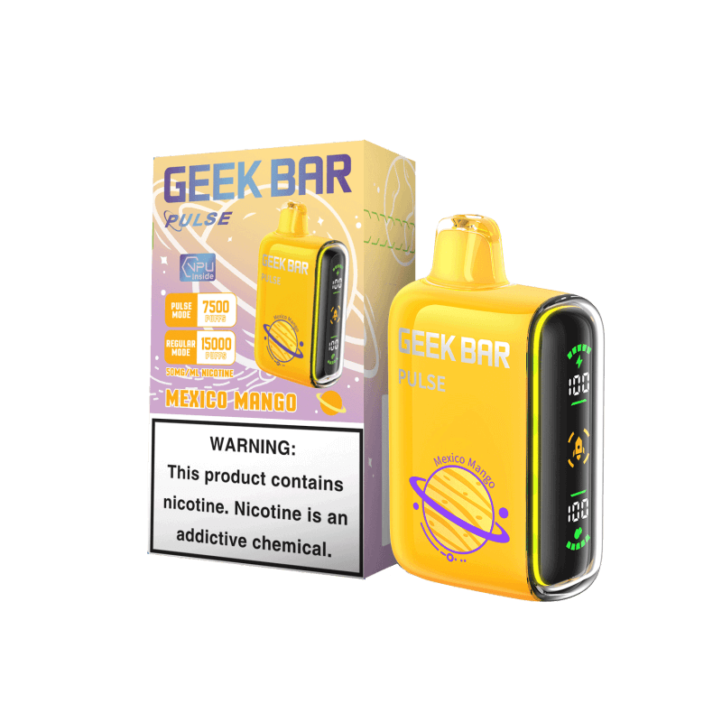 Geek Bar Pulse 7500 Puff Disposable Vape in Mexico Mango flavor with sleek design and box packaging.